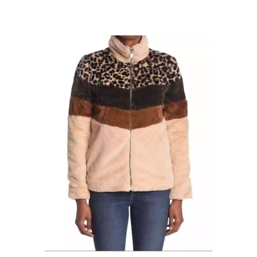 Altar’d State Fleece Faux Fur Leopard Colorblock Jacket Medium - Picture 1 of 4